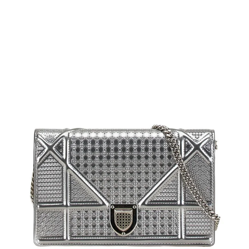 Christian Dior Dior Microcannage Diorama Chain Shoulder Bag Silver Leather Women's