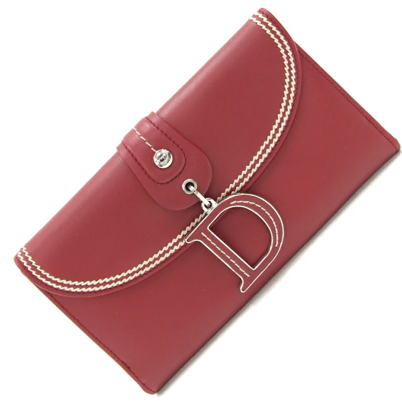 Christian Dior Dior Bi-fold Long Wallet Red Leather D Charm Women's Christian