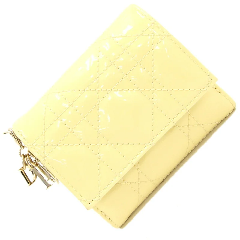 Christian Dior Dior Tri-fold Wallet Lady Lotus S0181OVRB Light Yellow Patent Leather Compact Stitch Women's Cannage DIOR