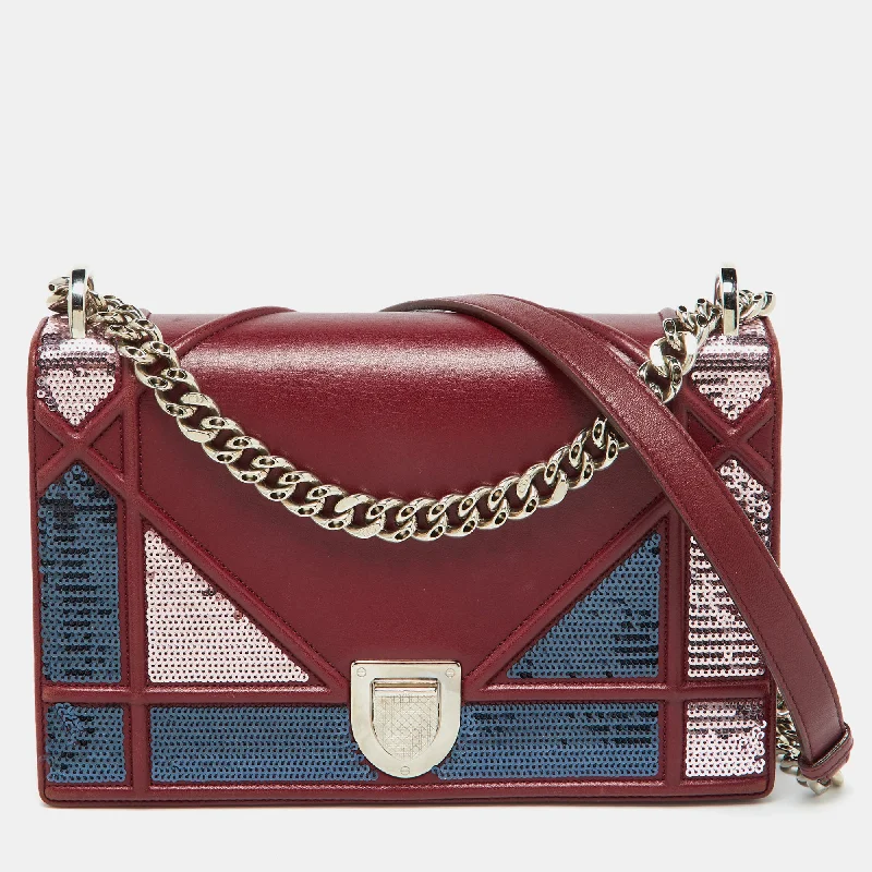 Dior Burgundy Leather And Sequins Medium Diorama Shoulder Bag