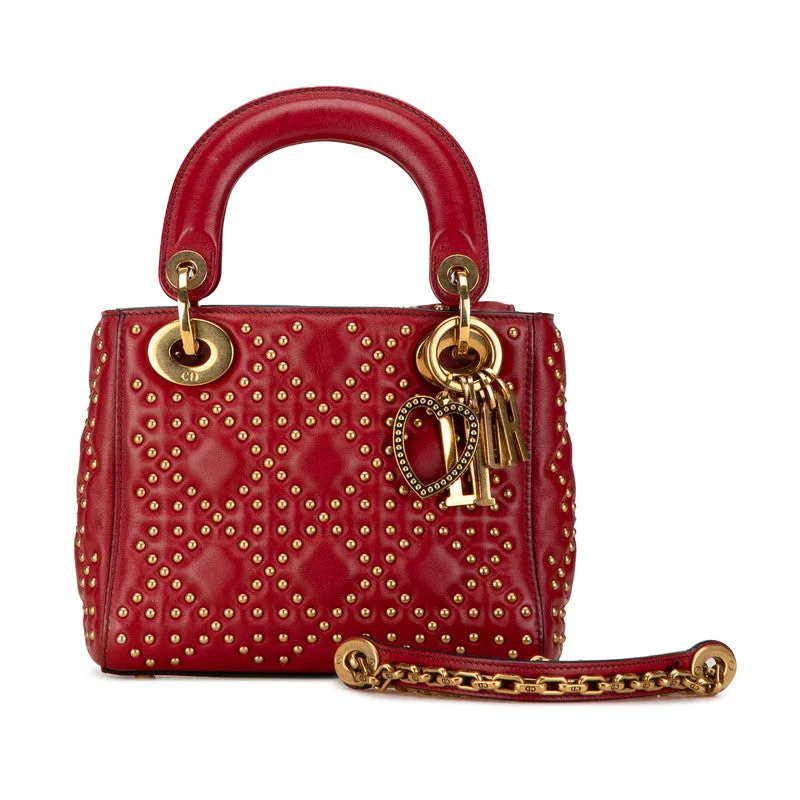 Dior Lady Dior Studded Mini Handbag Red Leather