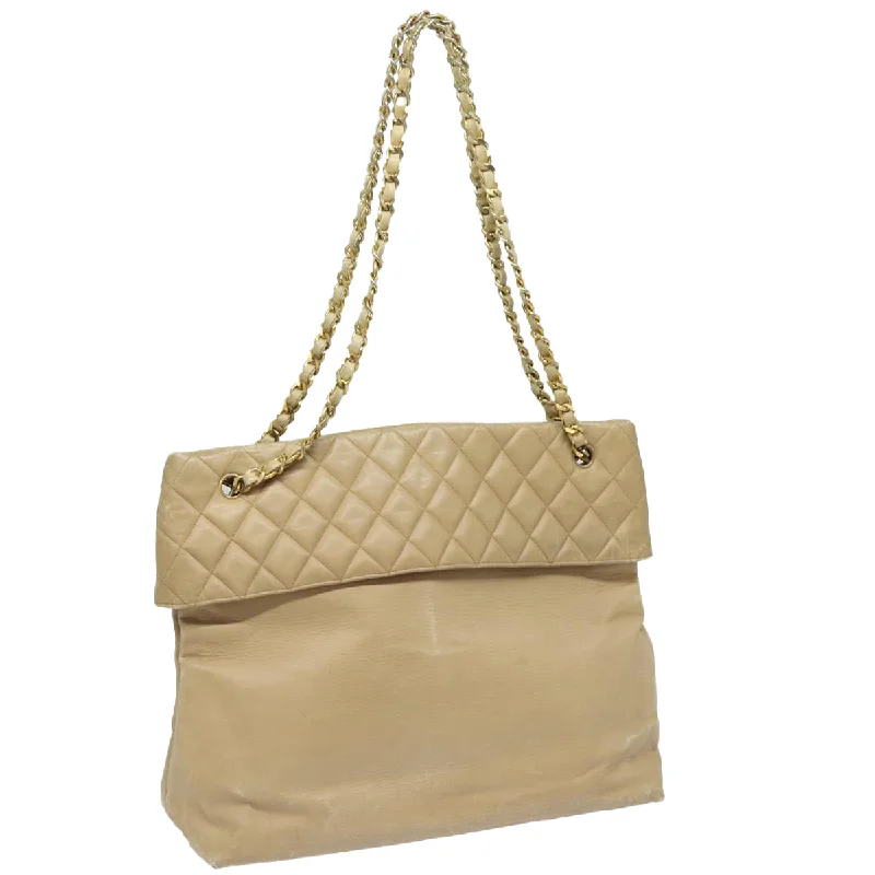 CHANEL Matelasse Chain Tote Bag Leather Beige Gold CC  bs16657