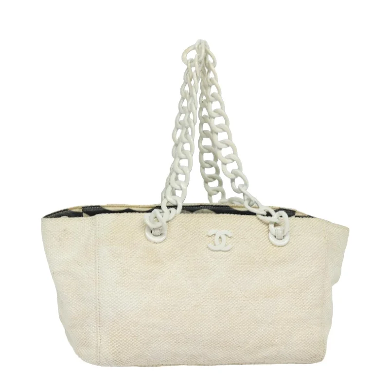 CHANEL Matelasse Chain Tote Bag Raffia White CC  bs15861