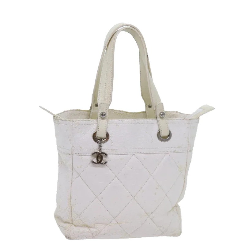 CHANEL Paris Biarritz PM Tote Bag Coated Canvas White CC  70278