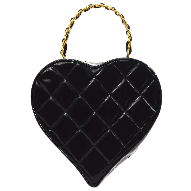 CHANEL 1995 Heart Vanity Handbag Black Patent Leather 54424