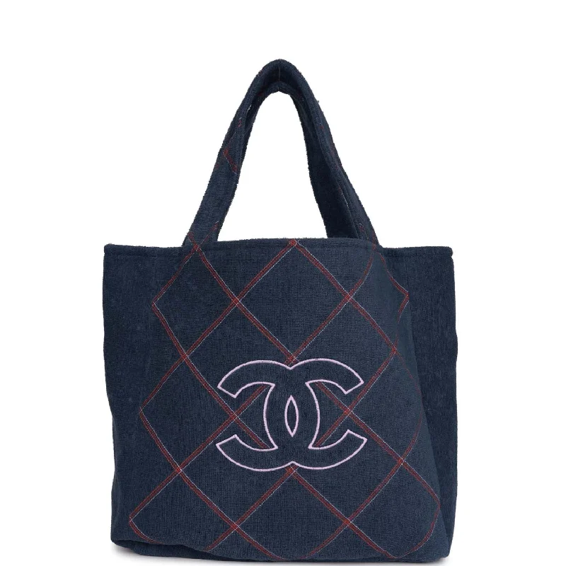 Chanel Coco Beach Tote Navy Terry Cloth with Towel/Pouch