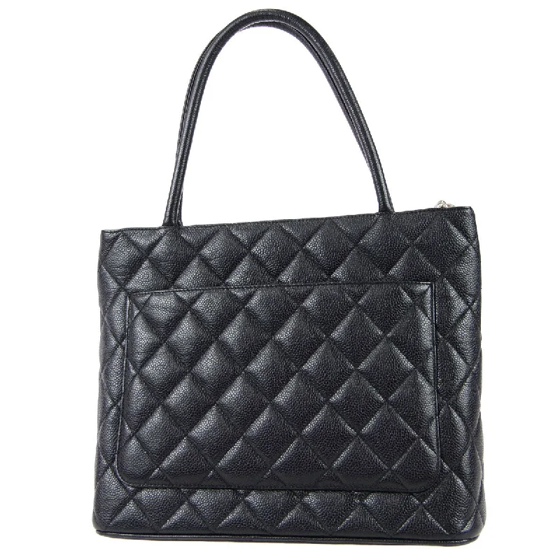 CHANEL Medallion Quilted Tote Handbag Black Caviar 68010