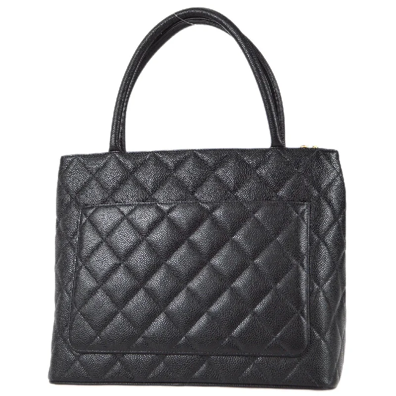 CHANEL Medallion Quilted Tote Handbag Black Caviar 78342