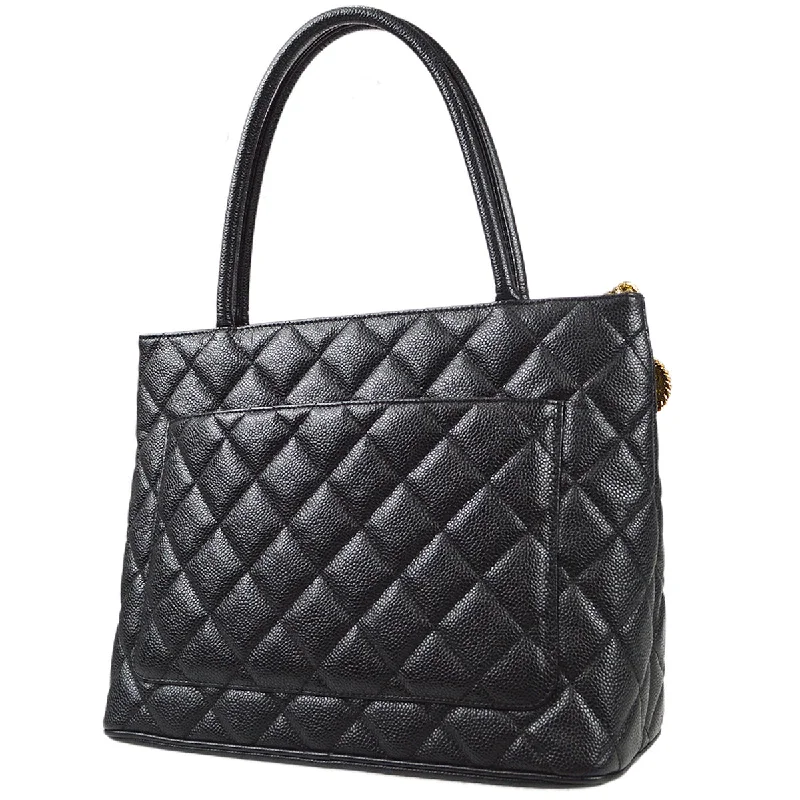 CHANEL Medallion Quilted Tote Handbag Black Caviar 78500