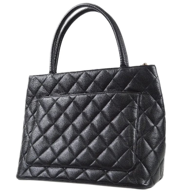 CHANEL Medallion Quilted Tote Handbag Black Caviar 78536