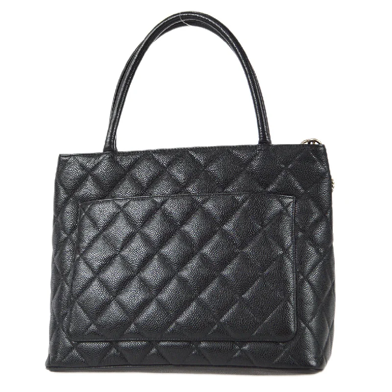 CHANEL Medallion Quilted Tote Handbag Black Caviar 78590