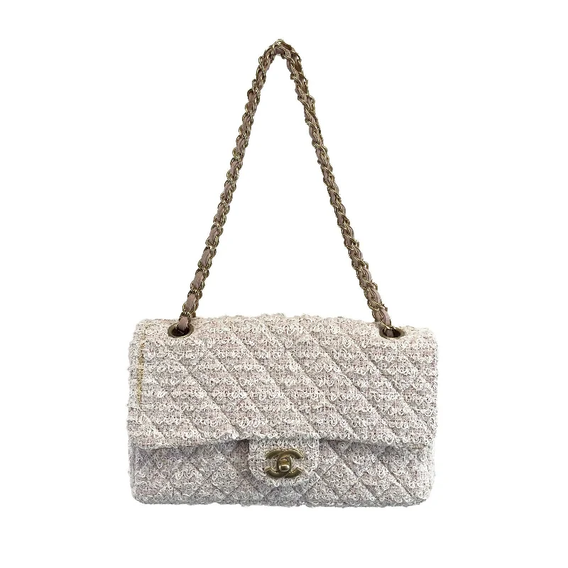 CHANEL Good Classic Double Flap in Medium Tweed Pink Crossbody Bag