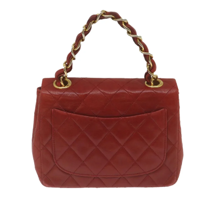 CHANEL Mini Matelasse Chain Flap Hand Bag Lamb Skin Red Gold CC  hs688A