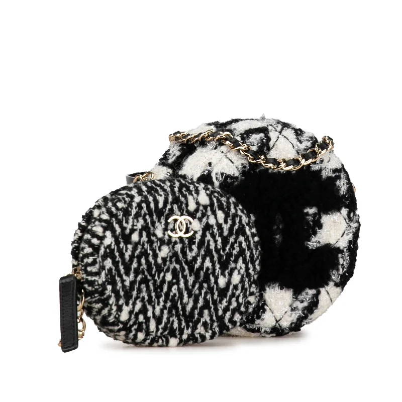 CHANEL Shearling Tweed Round Clutch With Chain and Coin Purse Crossbody Bag