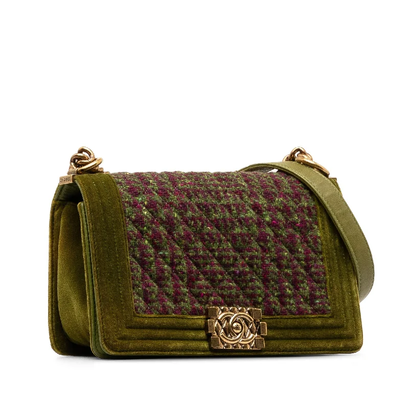 CHANEL Small Tweed and Velvet Boy Flap Crossbody Bag