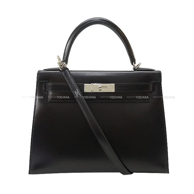 HERMES Shoulder bag Kelly28 Sellier Noir (Black) Box Calf Silver HW Stamp B[EXCELLENT][Authentic]