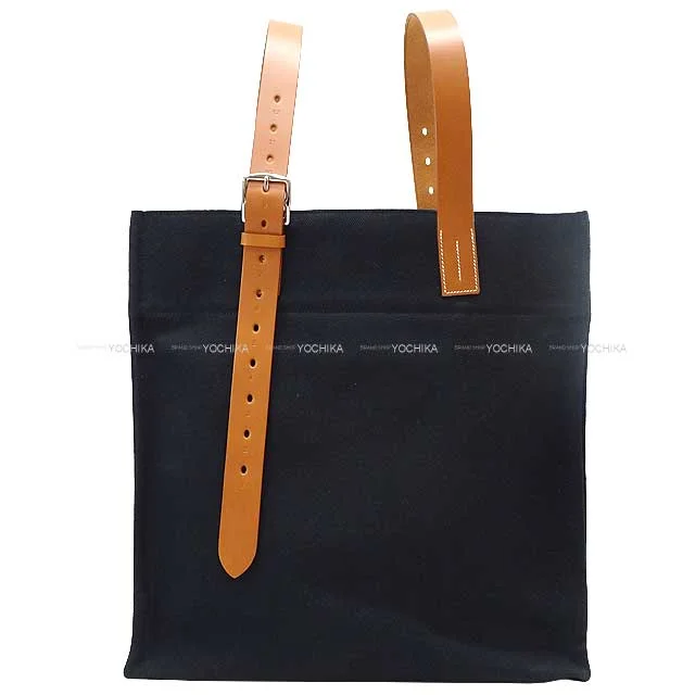 HERMES tote bag Etriviere 41 Noir (Black)/Gold Veau Tadelakt Toile going canvas Silver HW Stamp B[BRAND NEW][Authentic]