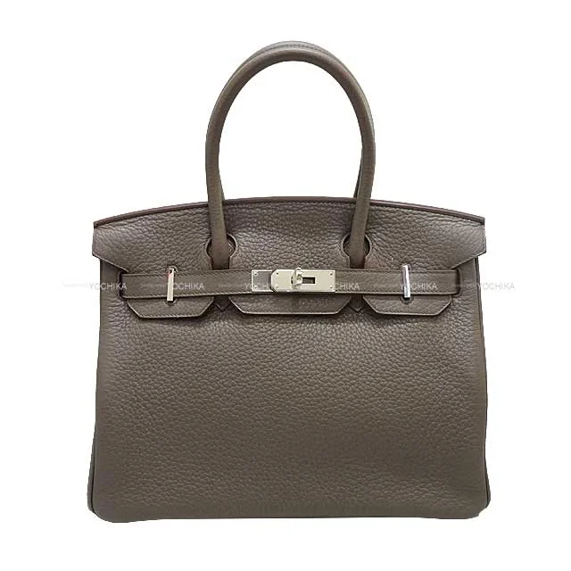 HERMES Handbag Birkin30 Etain Taurillon Clemence Silver HW Stamp □Q[EXCELLENT][Authentic]