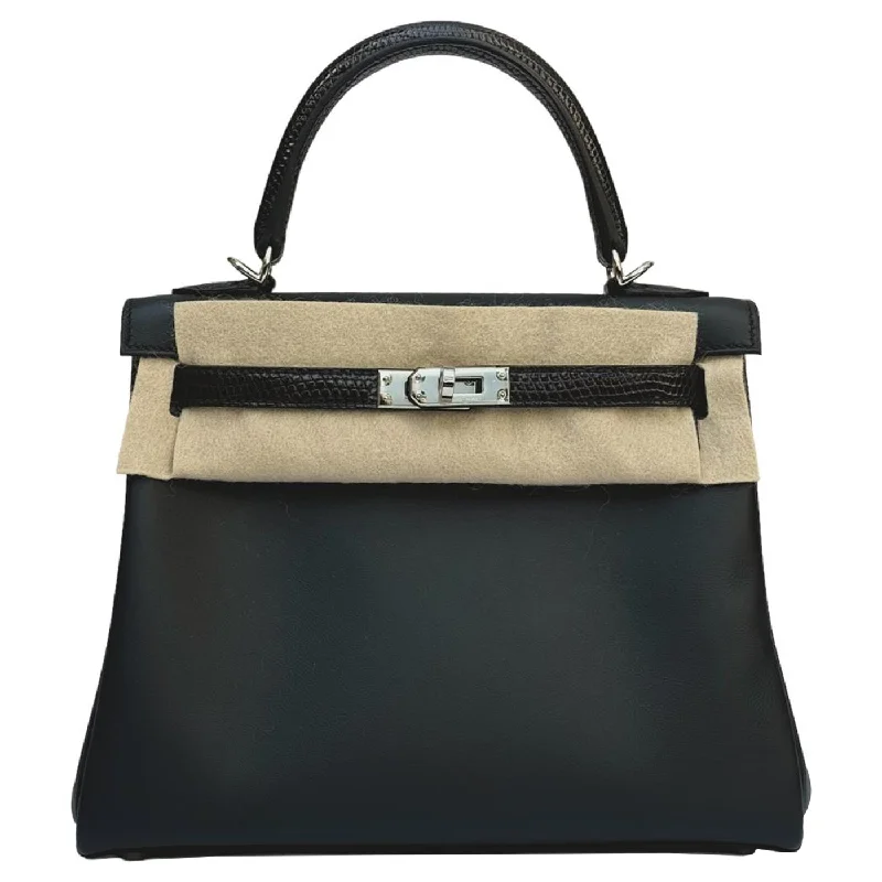 Hermes Kelly 25 Noir Lizard and Swift Touch Handbag with Palladium Hardware