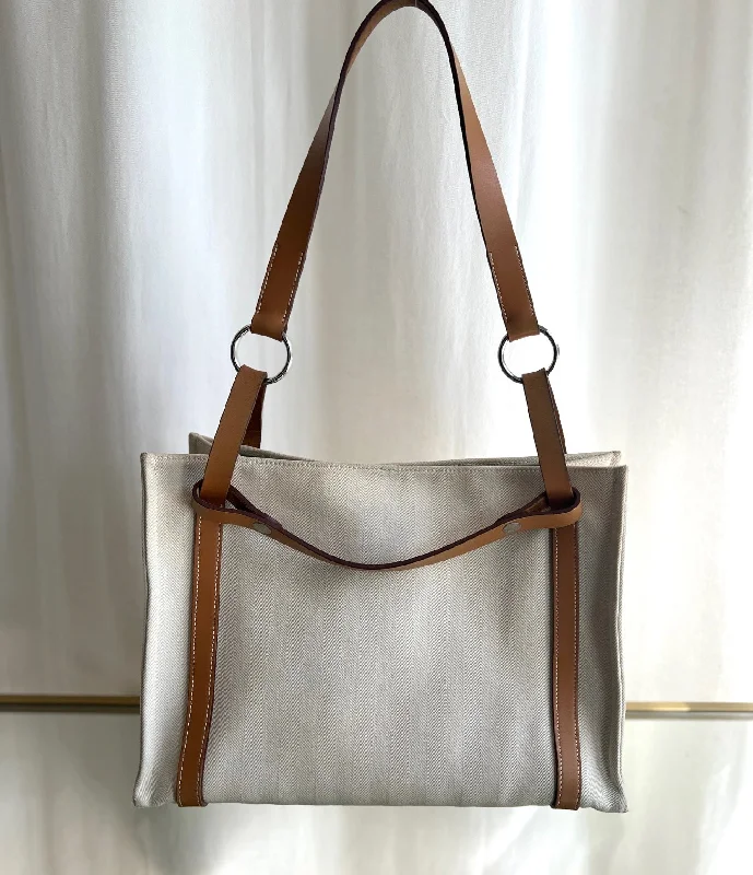 HERMES Natural Hunter Calfskin Toile Chevron Cabalicol Tote Chalk