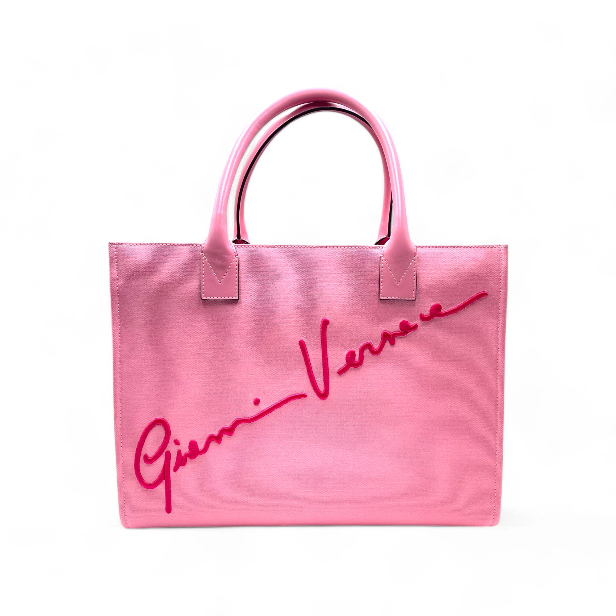 Versace Pink Script Canvas Tote Bag